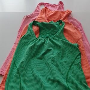 Kirkland Tank Tops Medium Three Striped Green, Orange And Pink Long With Stretch